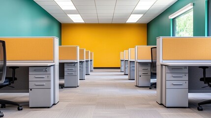 A modern office space featuring cubicles with orange partitions, green walls, and ample natural light.