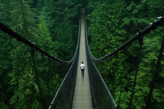Fototapeta suspension bridge in the forest road of green belt