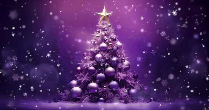 Violet purple fantasy Christmas tree with golden star on top at winter magic night. Winter seasonal 4K loop animation for advertisement.