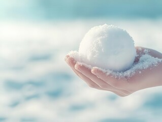Fototapeta premium Hand holding a snowball against a soft winter background.