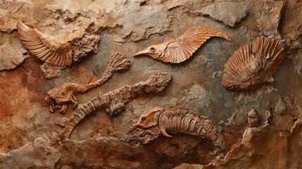 Fossilized sea creatures embedded in ancient rock layers from the Jurassic period.