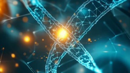 Abstract depiction of DNA strands with glowing elements in a blue background.