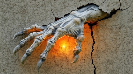 Clawed monster hands reaching through a cracked wall, with a creepy, decrepit room and flickering candlelight in the background.