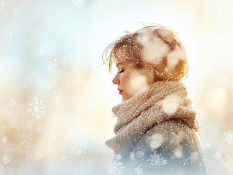 Woman in scarf contemplating in a snowy winter atmosphere.