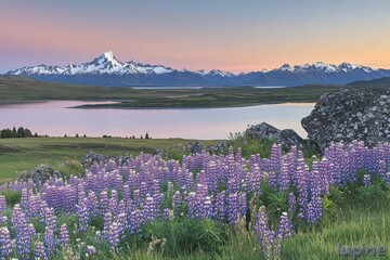 sunrise over the mountains with lavender flower around the lack