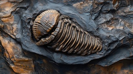Fossilized trilobite remains found embedded in shale, showcasing marine evolution.