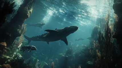 Obraz premium Giant marine reptiles swimming through a prehistoric ocean, surrounded by ancient fish species.