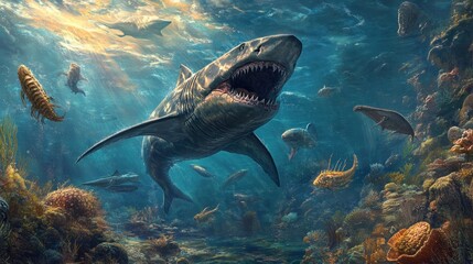 Obraz premium Giant prehistoric sharks swimming through an ancient ocean, hunting trilobites and smaller marine life.