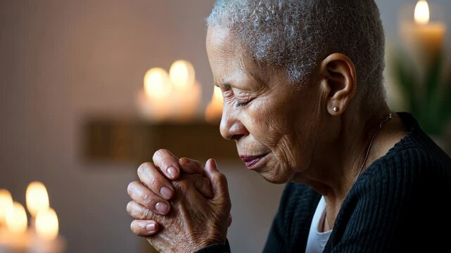 Middle-aged Black woman in calm prayer with subtle religious icon behind
