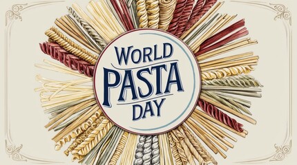 World Pasta Day logo with an elegant pasta illustration.