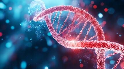 Abstract DNA strand with glowing particles, blue and red background.