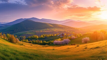 Obraz premium Panorama grassy field and rolling hills at sunset in evening light. Rural scenery