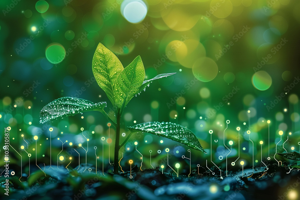 Poster an artistic concept showcasing the integration of technology and nature with glowing circuit-like pa