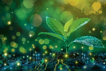 An artistic concept showcasing the integration of nature and technology with a vibrant plant amid digital nodes