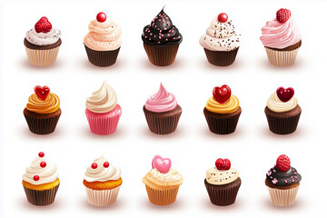  collection of cupcakes with various flavors and toppings. The cupcakes are arranged in a grid, with some of them having frosting and others having fruit toppings. Scene is cheerful and inviting