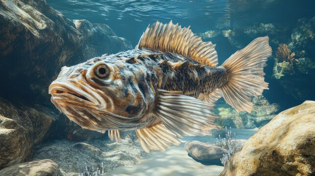 Prehistoric placoderm fish with bony plates, swimming near a rocky seafloor in an ancient ocean.
