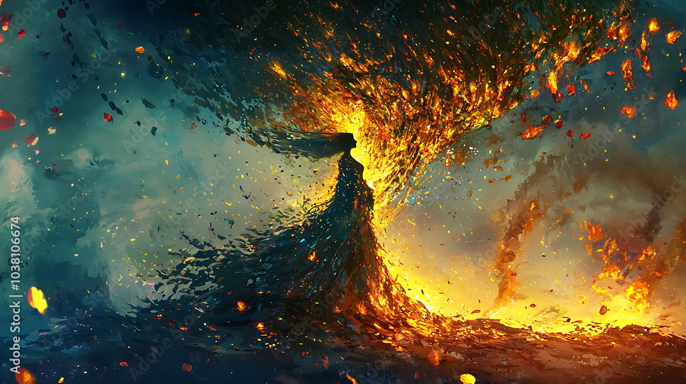 Poster dynamic abstract art blending swirling elements of fire and water capturing the essence of nature an
