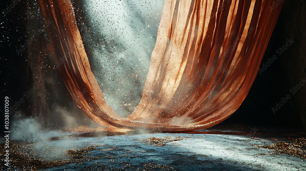 Aufkleber captivating flow of fabric illuminated by dramatic light enveloped in dust particles creating a drea