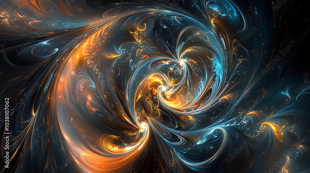 Poster dynamic fractal swirl pattern in vibrant blue and orange hues against a dark background for artistic