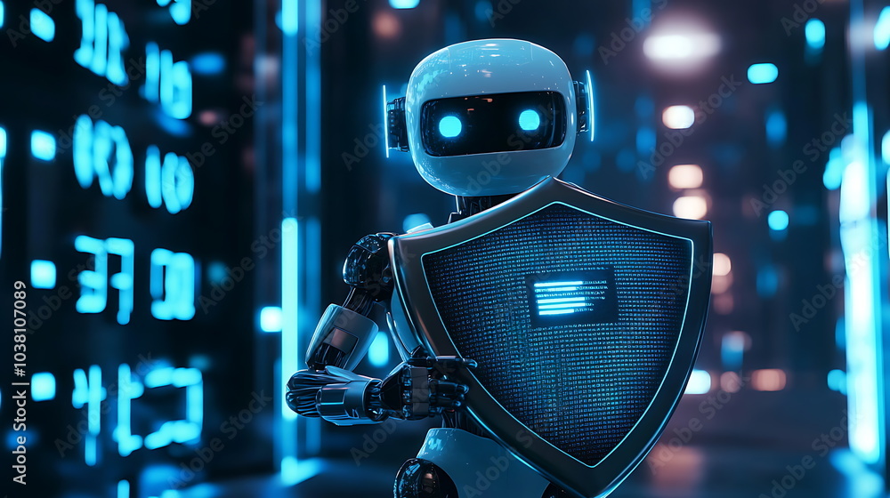 Aufkleber A friendly robot with a shield in a futuristic environment embracing technology and security for a better tomorrow