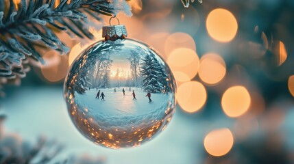 Obraz premium Weihnachtsbaumkugel reflektiert Winterlandschaft 