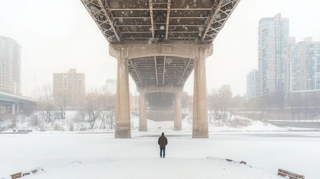 A person standing under a bridge in a snowy urban landscape.