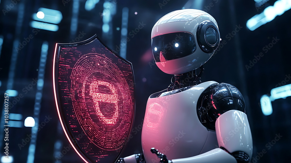 Fototapete Futuristic robot protector embracing digital security with shield and advanced technology symbols in a high-tech environment