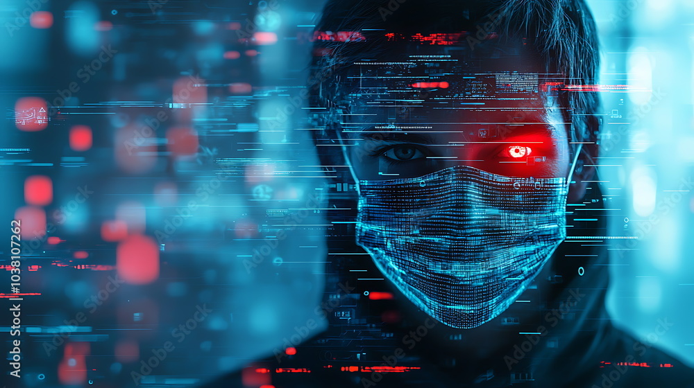 Leinwandbilder futuristic masked figure surrounded by a dynamic digital interface in a high-tech environment reflec