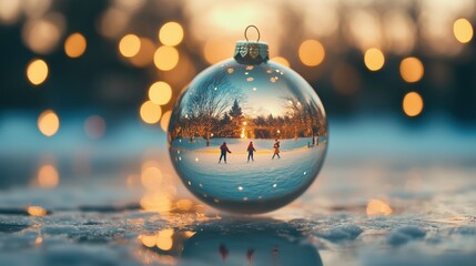 Weihnachtsbaumkugel reflektiert Winterlandschaft
