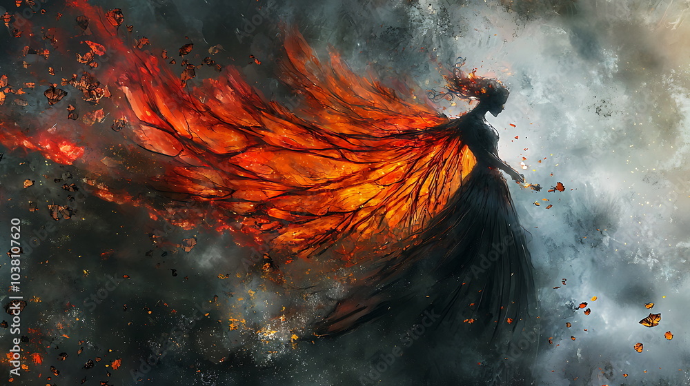 Poster Dynamic fiery figure in motion surrounded by flowing flames and dark clouds capturing the essence of transformation and power