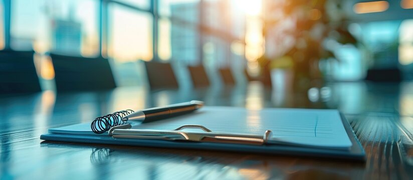 A Clipboard and Pen on a Table in a Modern Office
