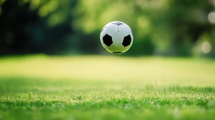 Obraz premium A soccer ball in mid-air after a kick, outdoor setting on grass field, Dynamic style