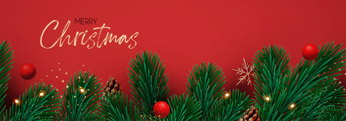 Christmas decoration with fir tree branches, balls and gold snowflakes. Happy New Year traditional design