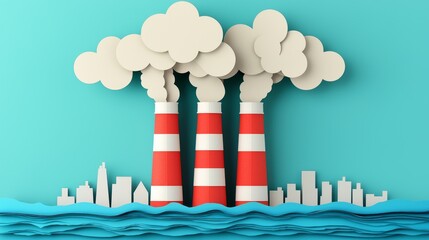 Naklejka premium Illustration of Paper Cut Factory Pollution in Cityscape