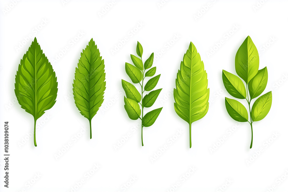 Poster collection of green leaves in various shapes and sizes. the leaves are all different, but they all s
