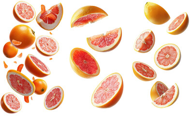 A vibrant arrangement of sliced oranges and grapefruits floating against a white background, showcasing their juicy interiors and bright colors. transparent background
