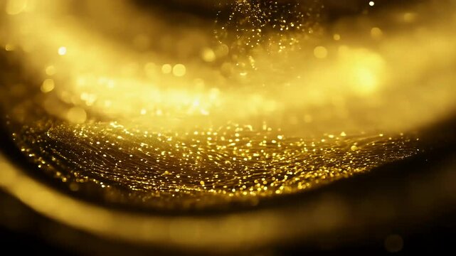 mesmerizing 4K loop animation floating gold particles black background glowing effect bokeh lights magical elegant visual perfect luxury celebration particle liquid motion abstract shining