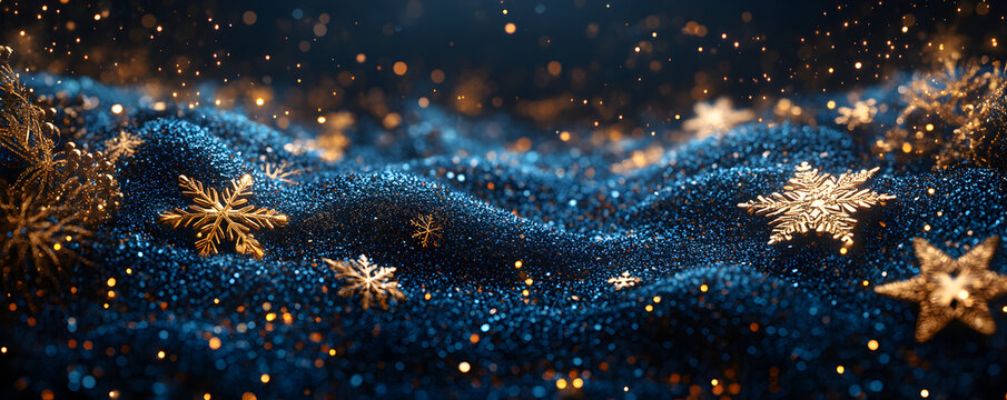 Elegant Golden Snowflakes on Blue Glittering Holiday Christmas Background Banner