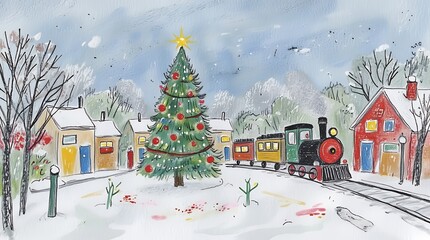 Christmas Card: a winter village adorned with snow, featuring cozy houses, a decorated Christmas tree, and festive atmosphere.