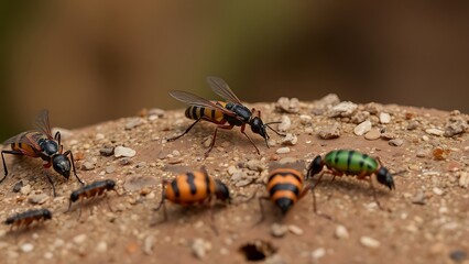 Colorful Insects Crawling on Brown Ground,