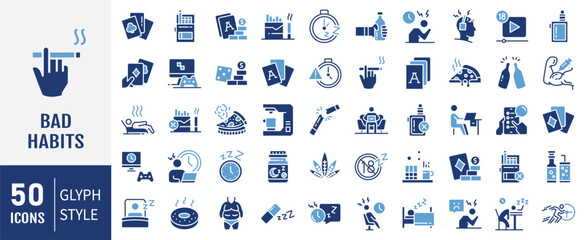 Bad habits icon set. Containing smoking, drunk, stay up, junk food, playing card, gambling, over sleep and addiction icons. Vector illustration