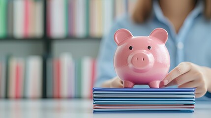 A person places a pink piggy bank on a stack of colorful books, symbolizing savings and financial education.