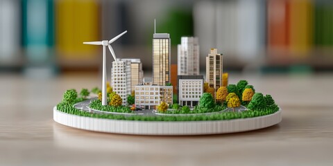 Modern Green City Model with Wind Turbine and Glass Buildings