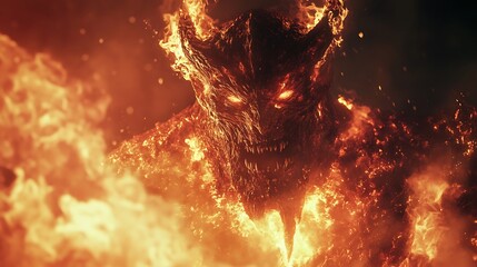 Fearsome ifrit engulfed in flames against blackened sky image