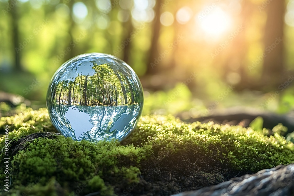 Aufkleber crystal ball is reflecting a forest and sunlight while resting on a bed of moss with a blurred fores