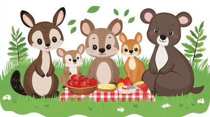 Fototapeta premium Cute Animal Friends Having a Picnic in the Grass