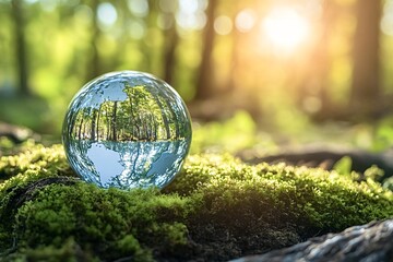 Crystal ball is reflecting a forest and sunlight while resting on a bed of moss with a blurred forest in the background