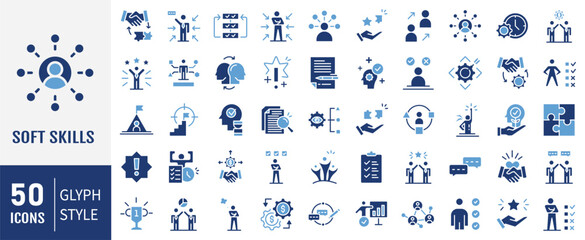 Soft Skills icon set. Containing  leadership, attitude, work ethics, critical thinking, problem solving, teamwork and public speaking icons. vector illustration.
