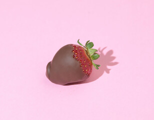 Whole isolated chocolate covered strawberry on pink background with shadow for design. Food and dessert. 