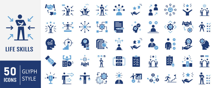 Life Skills icon set. Containing icons: Leadership, attitude, work ethics, critical thinking, problem solving, teamwork and public speaking and more. Vector illustration.